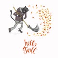 Cat on roller skate sweeps red and yellow autumn leaves. Hello fall lettering postcard on white background